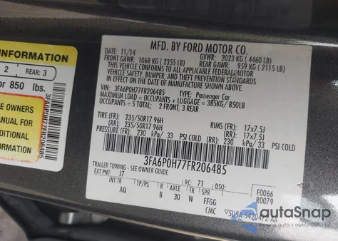 2015 Ford Fusion Se z USA, uszkodzony, nr VIN 3FA6P0H77FR206485